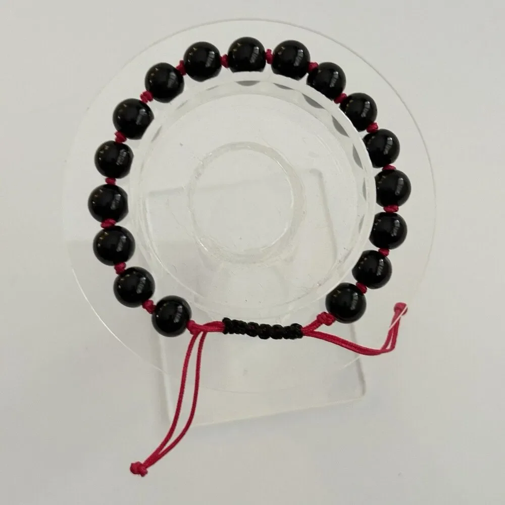 Black Beaded Bracelet Pink Adjustable Handmade Boho - Picture 6 of 9
